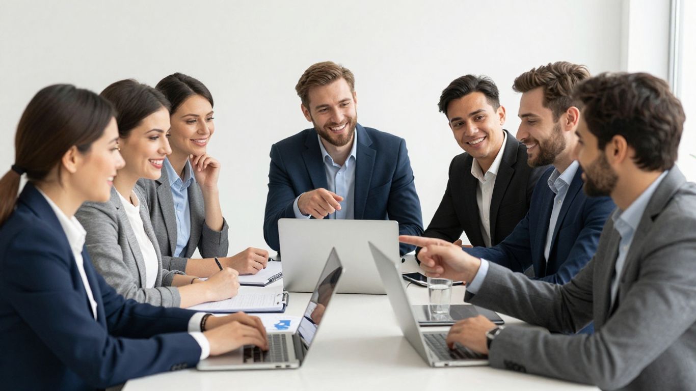 People collaborating and smiling in a business meeting.