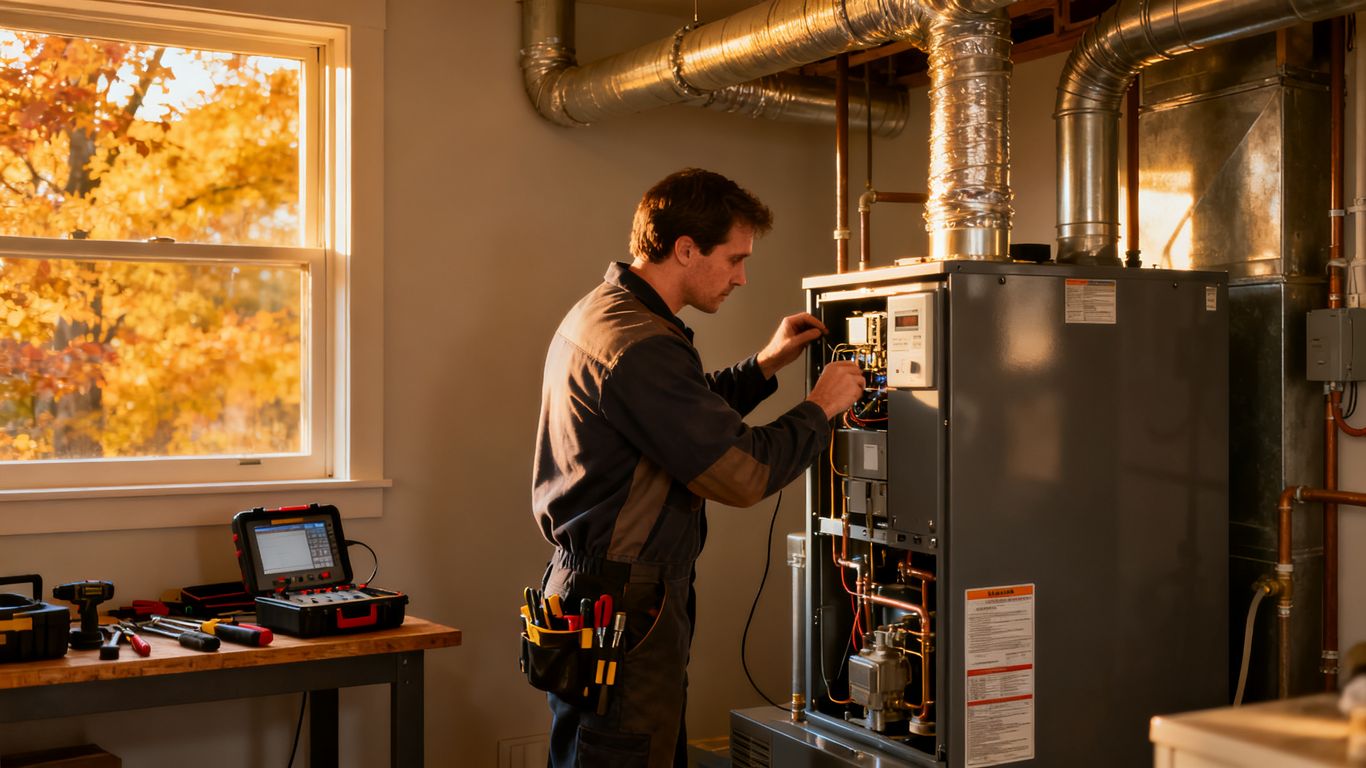 HVAC technician inspecting a furnace before winter