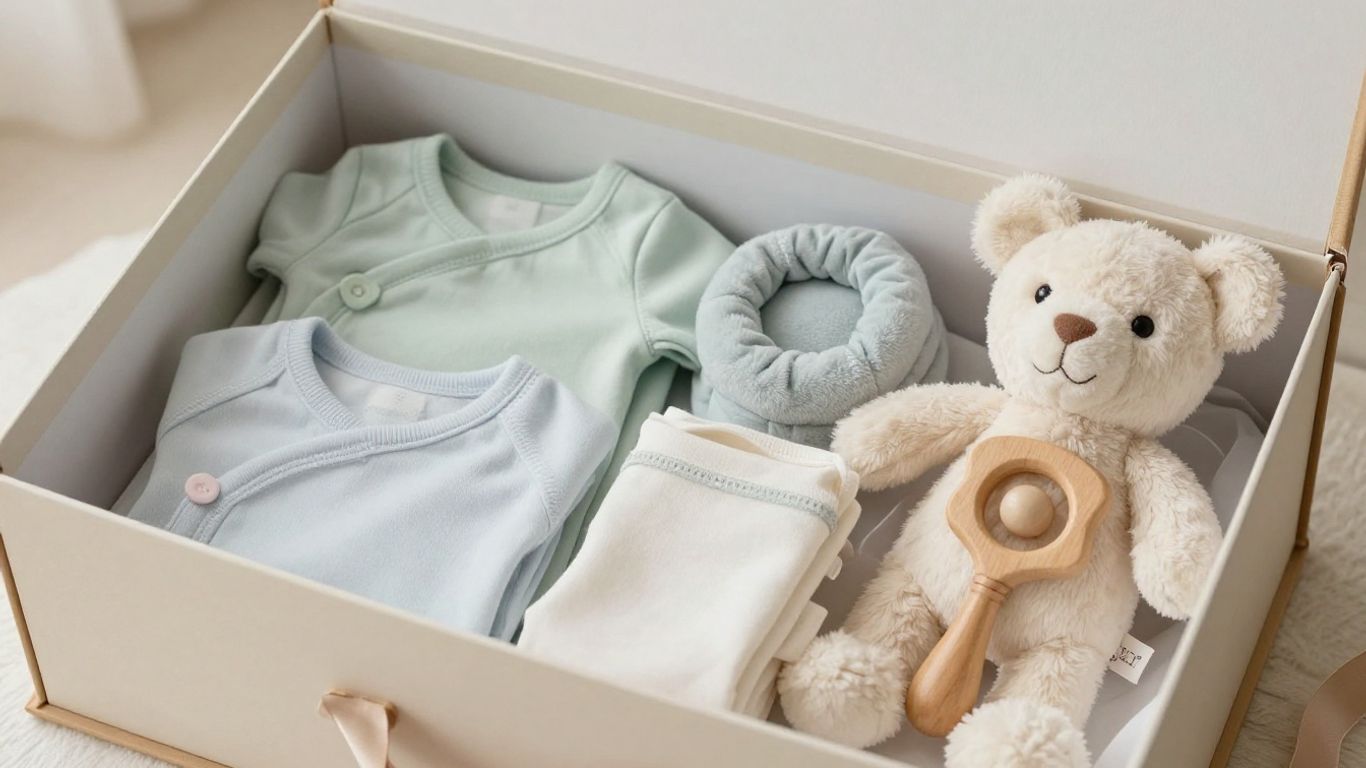 Caja de regalo para bebé con ropa y juguetes.