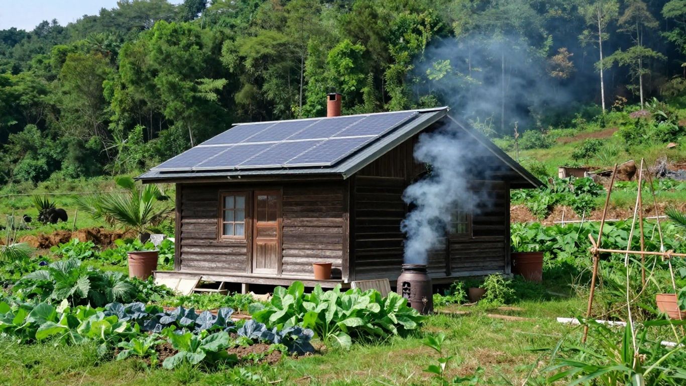 Off-grid cabin with solar panels and garden.