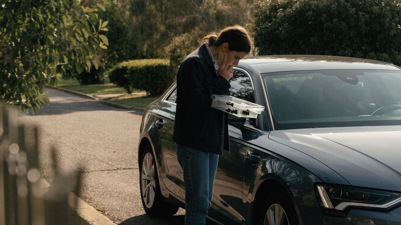 Audi owner checking vehicle details beside a parked car
