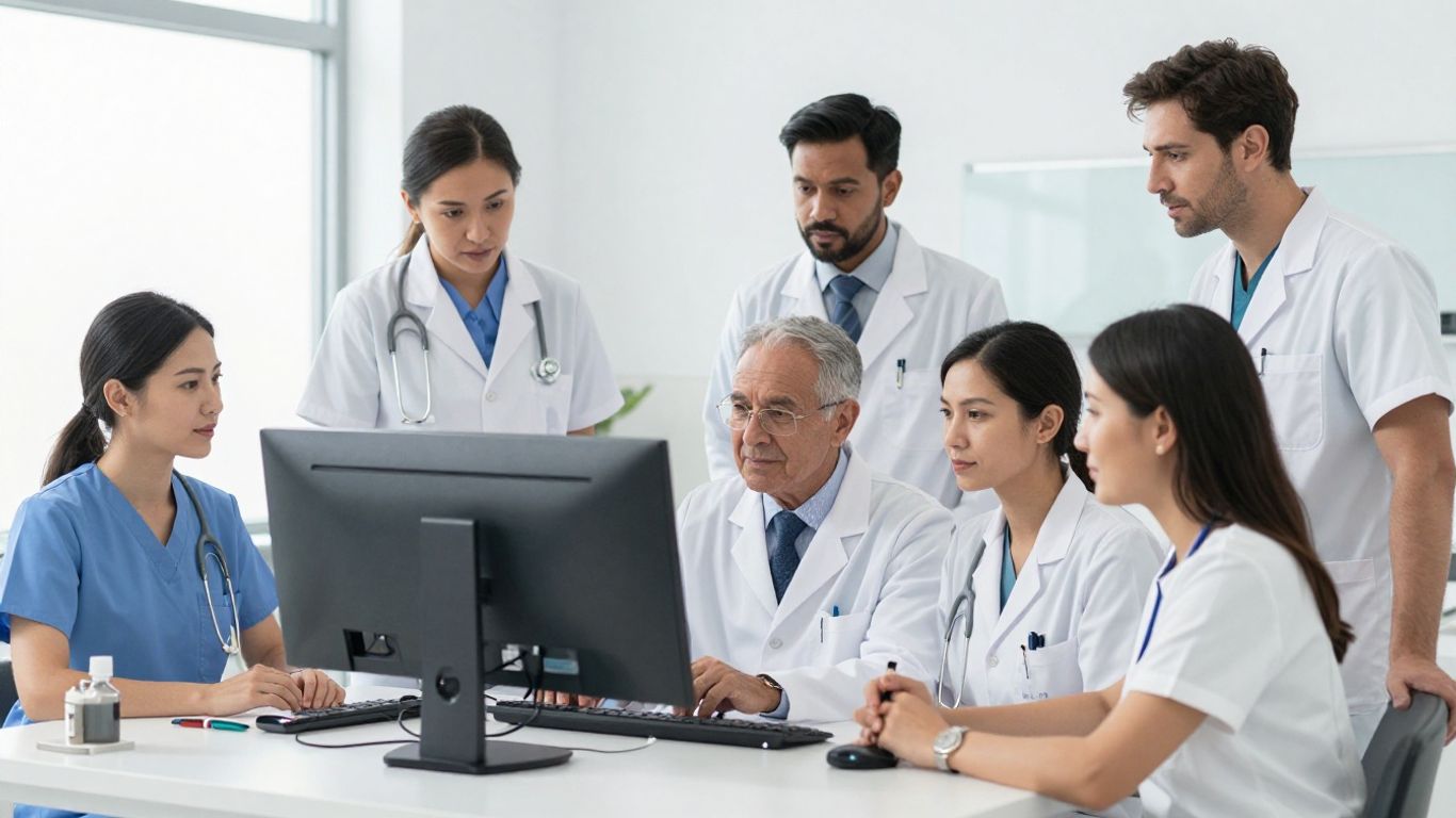 Diverse clinic staff working together with technology.