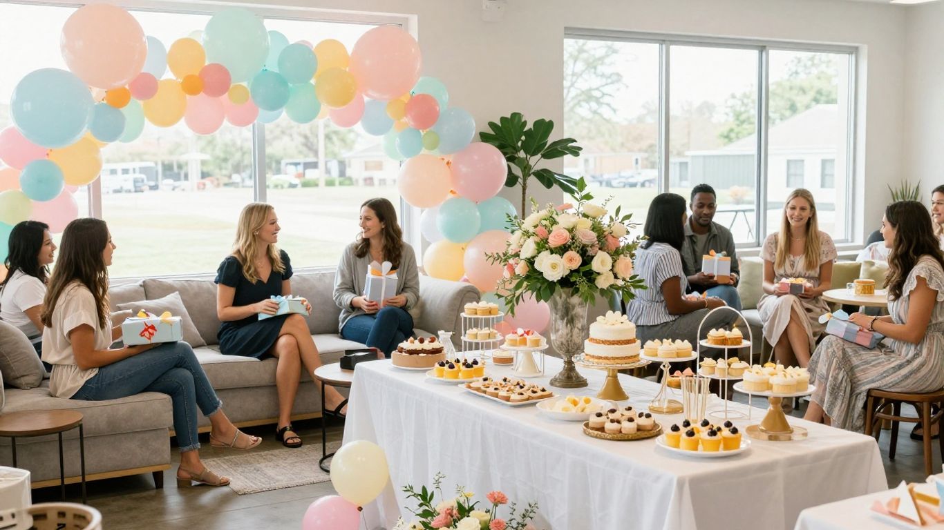 Beautiful Dallas baby shower venue with decorations and guests