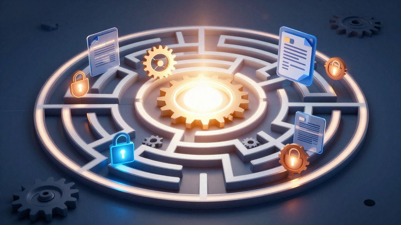 Interconnected gears and glowing data nodes symbolizing compliance.
