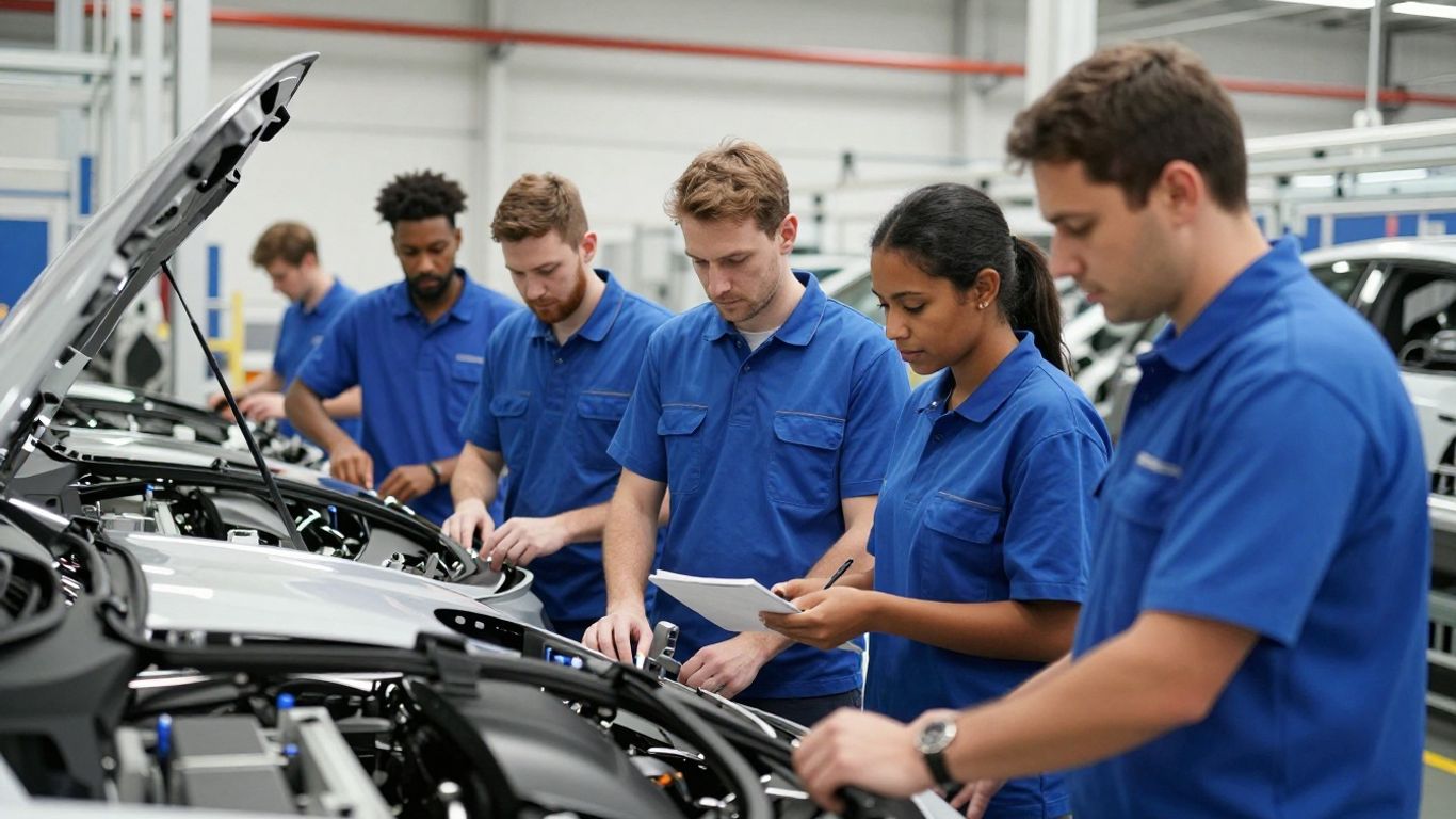 Automobilproduktion-Team arbeitet schnell zusammen an der Montagelinie.