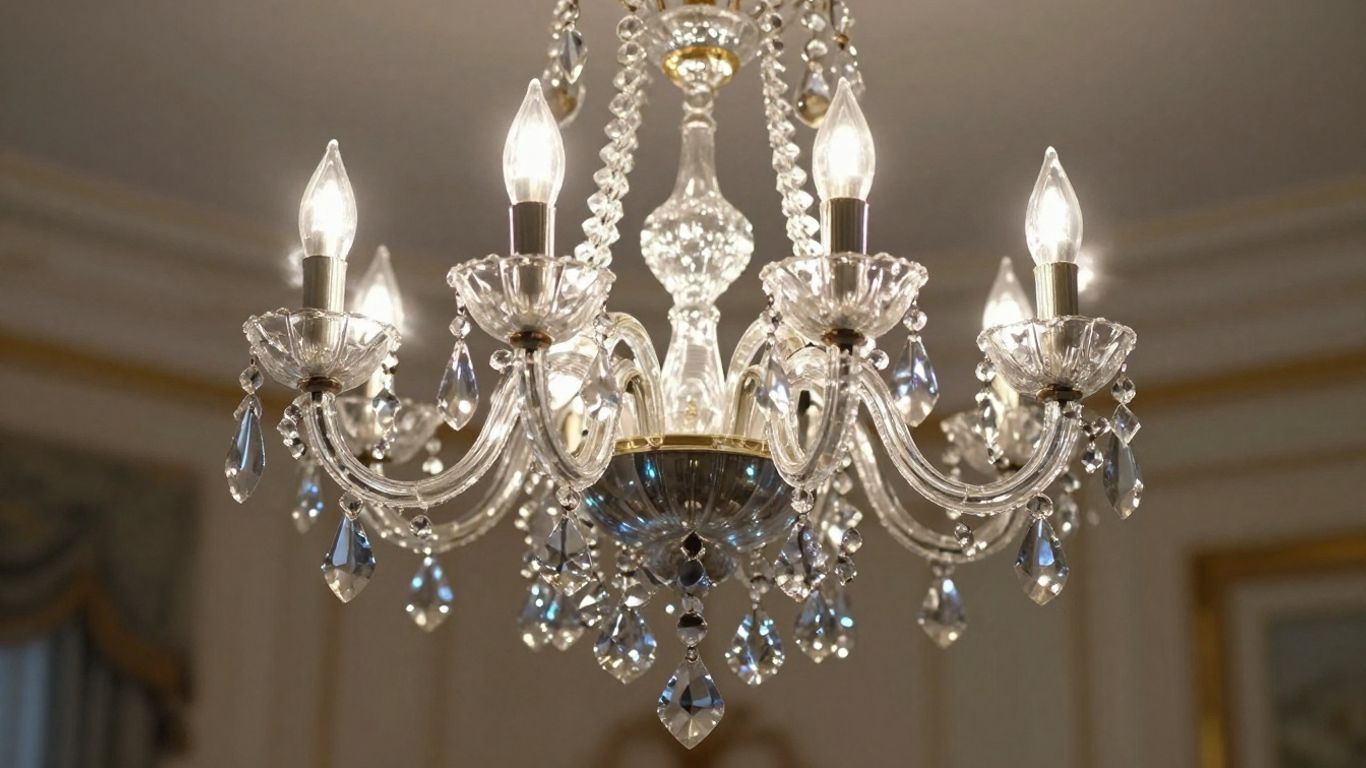 Miniature crystal chandelier sparkling in an elegant room.