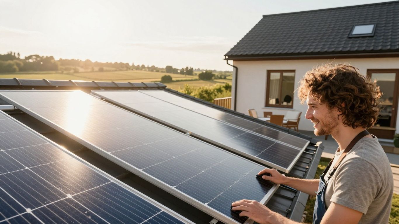 Propriétaire français heureux près de panneaux solaires sur sa maison