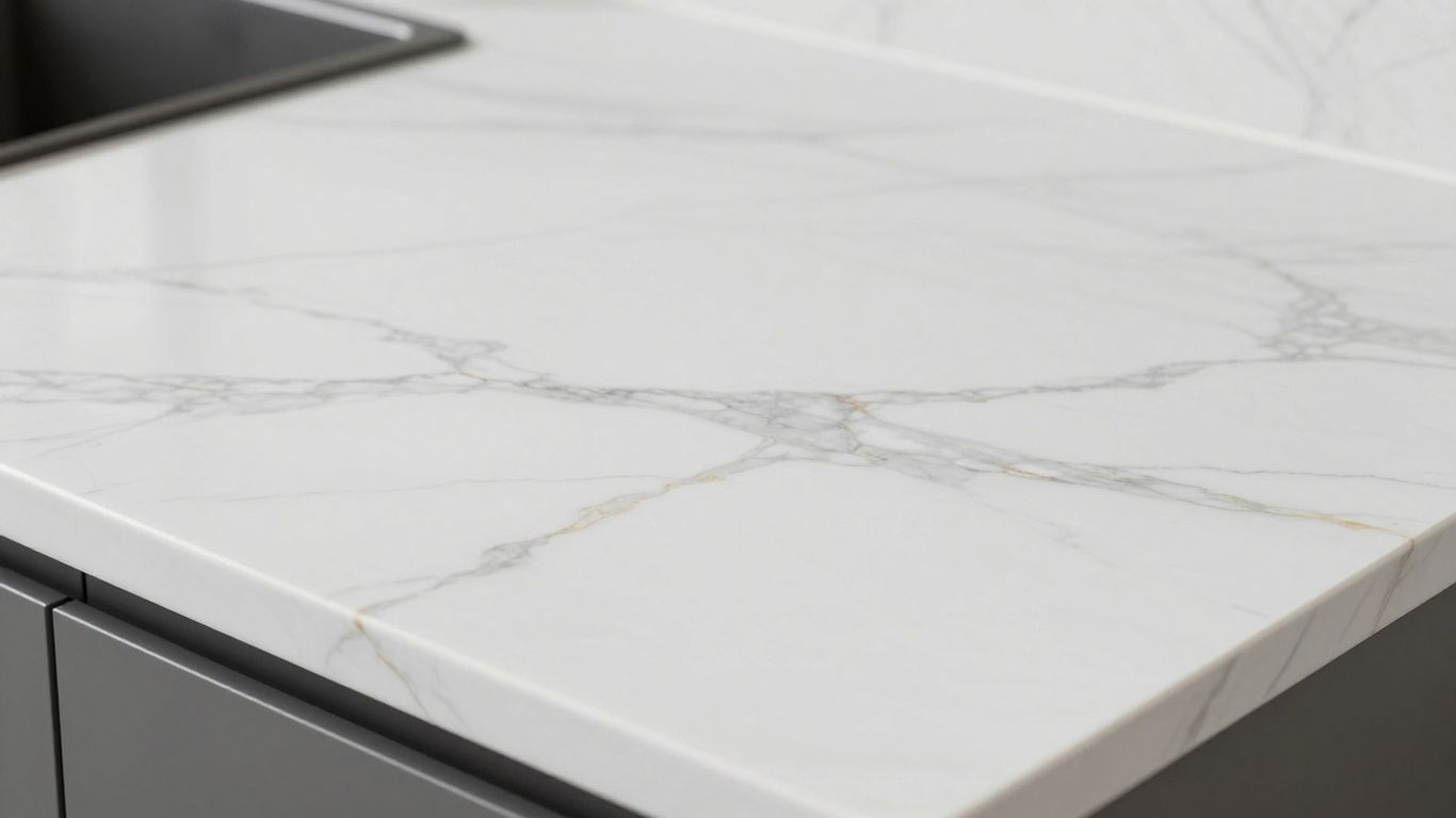 White marble effect kitchen worktop with grey veins.