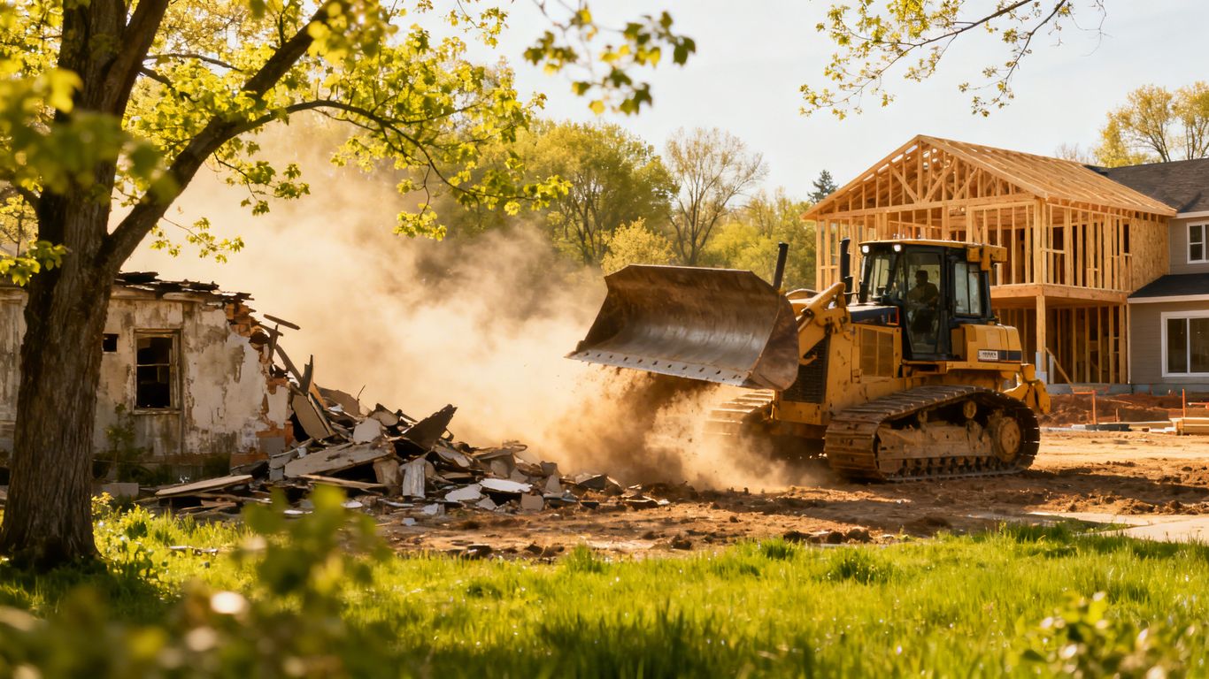 Demolition of old house for new construction in spring.