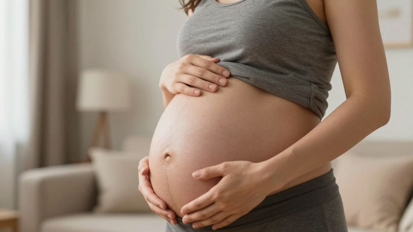 Mujer embarazada acariciando su vientre en casa.