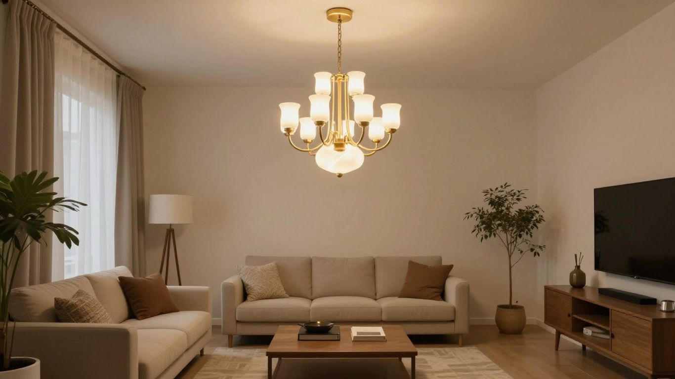 Small living room with a stylish chandelier.
