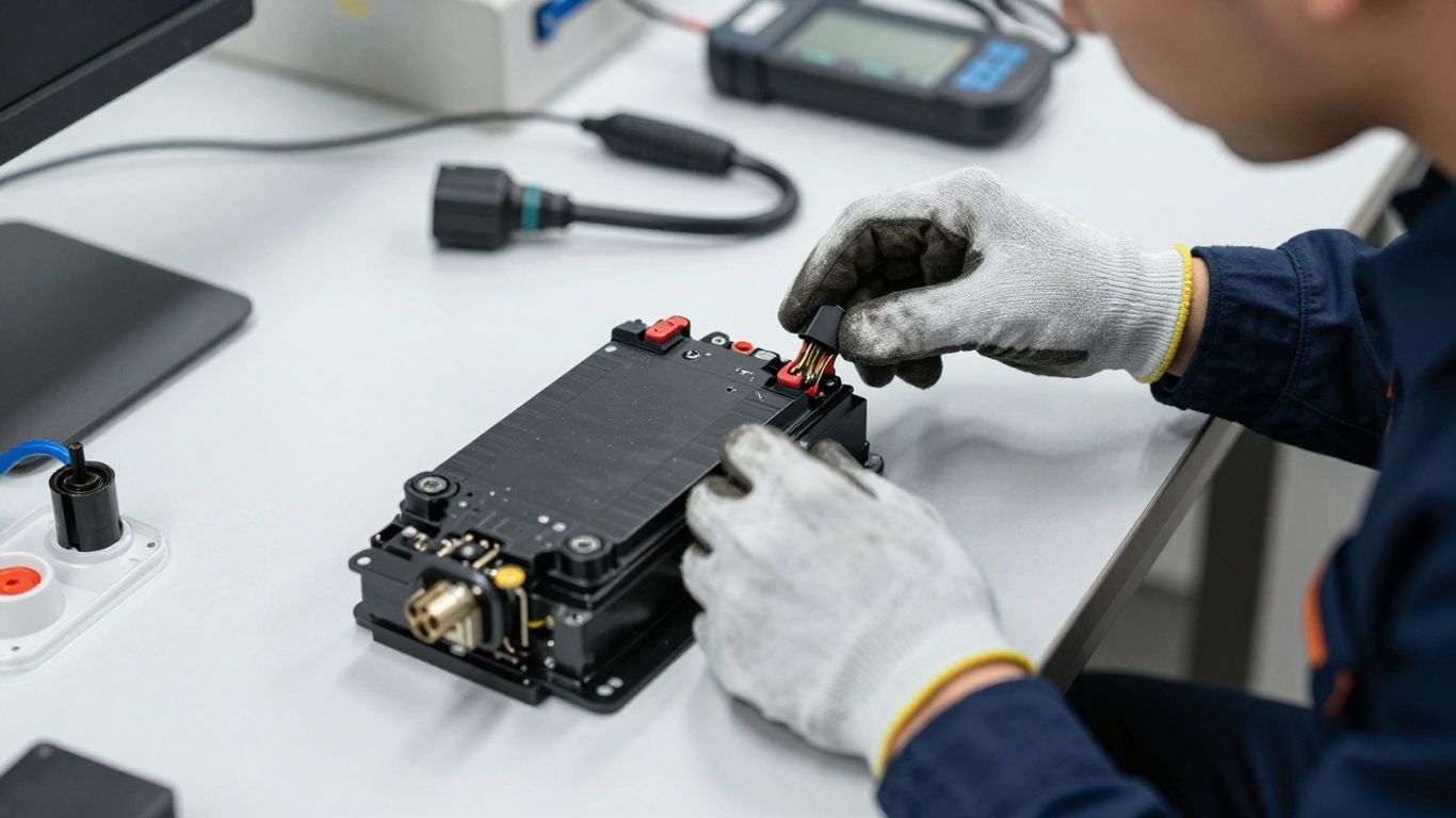 Technician inspecting EV components on workbench