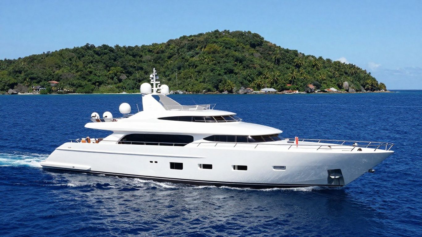 Luxurious yacht sailing on a clear blue ocean near an island.