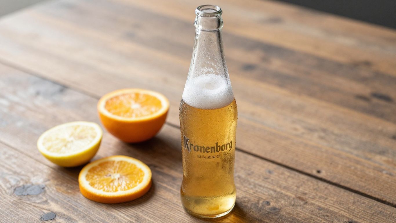 Bottle of Kronenbourg Blanc wheat beer with citrus garnishes.