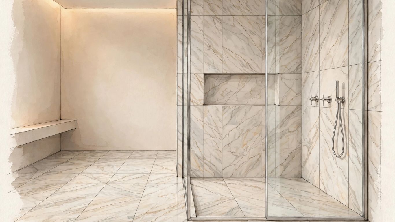 Honed marble tile used on a bathroom floor and shower wall