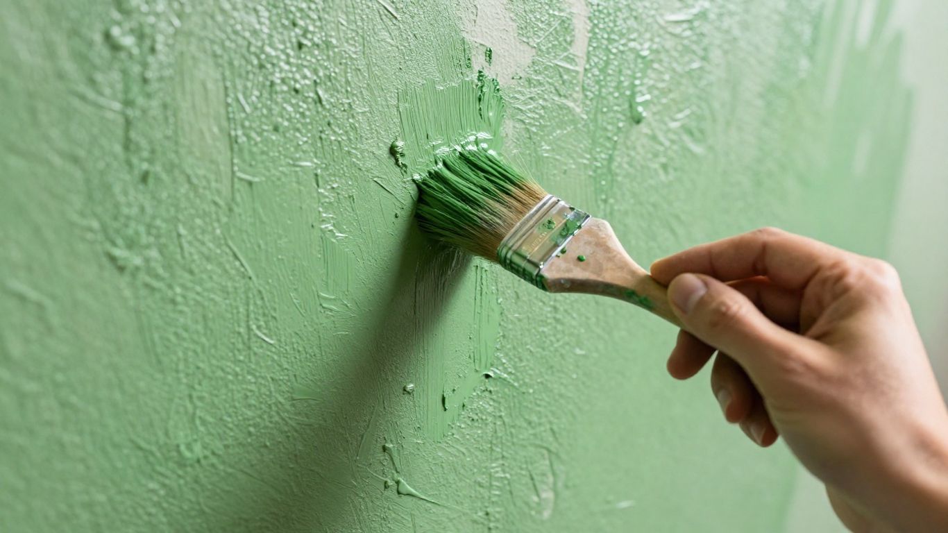 Painter applying eco-friendly green paint to a wall.