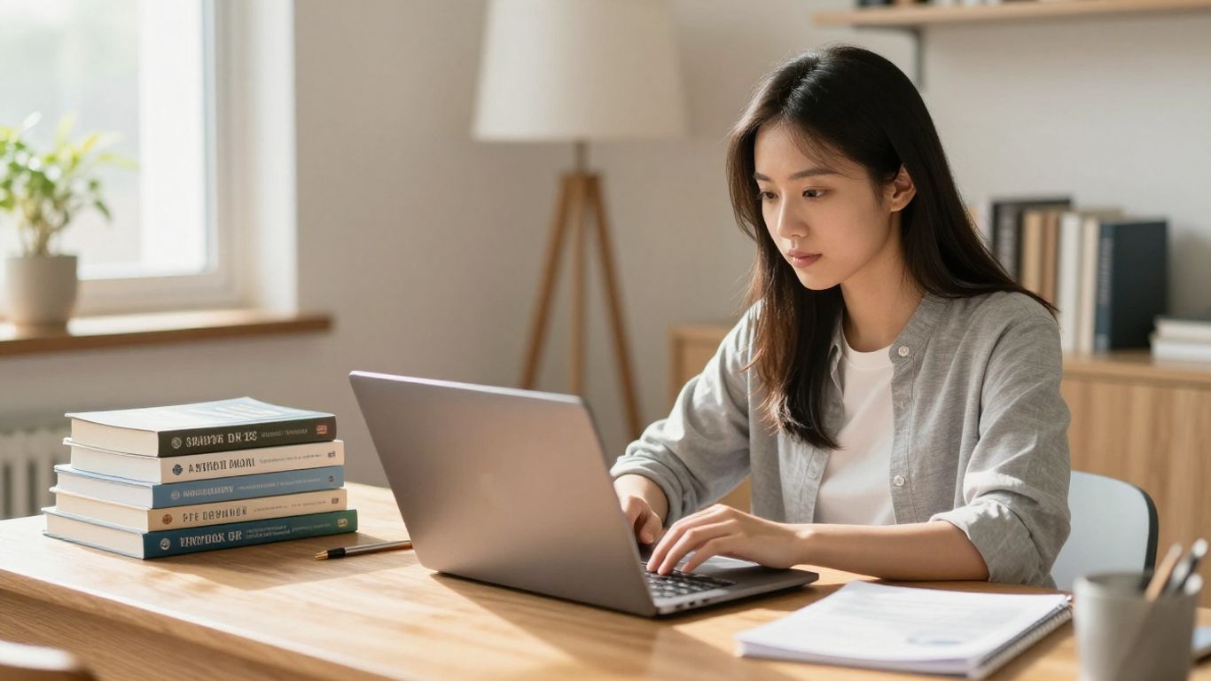 A student using a laptop to study healthcare