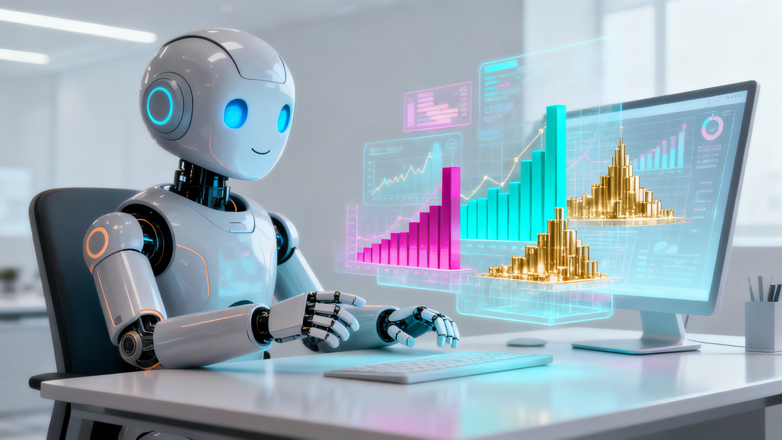 A friendly, intelligent robot sitting at a desk analyzing complex charts and graphs on a holographic screen, symbolizing an AI agent for data science at work.