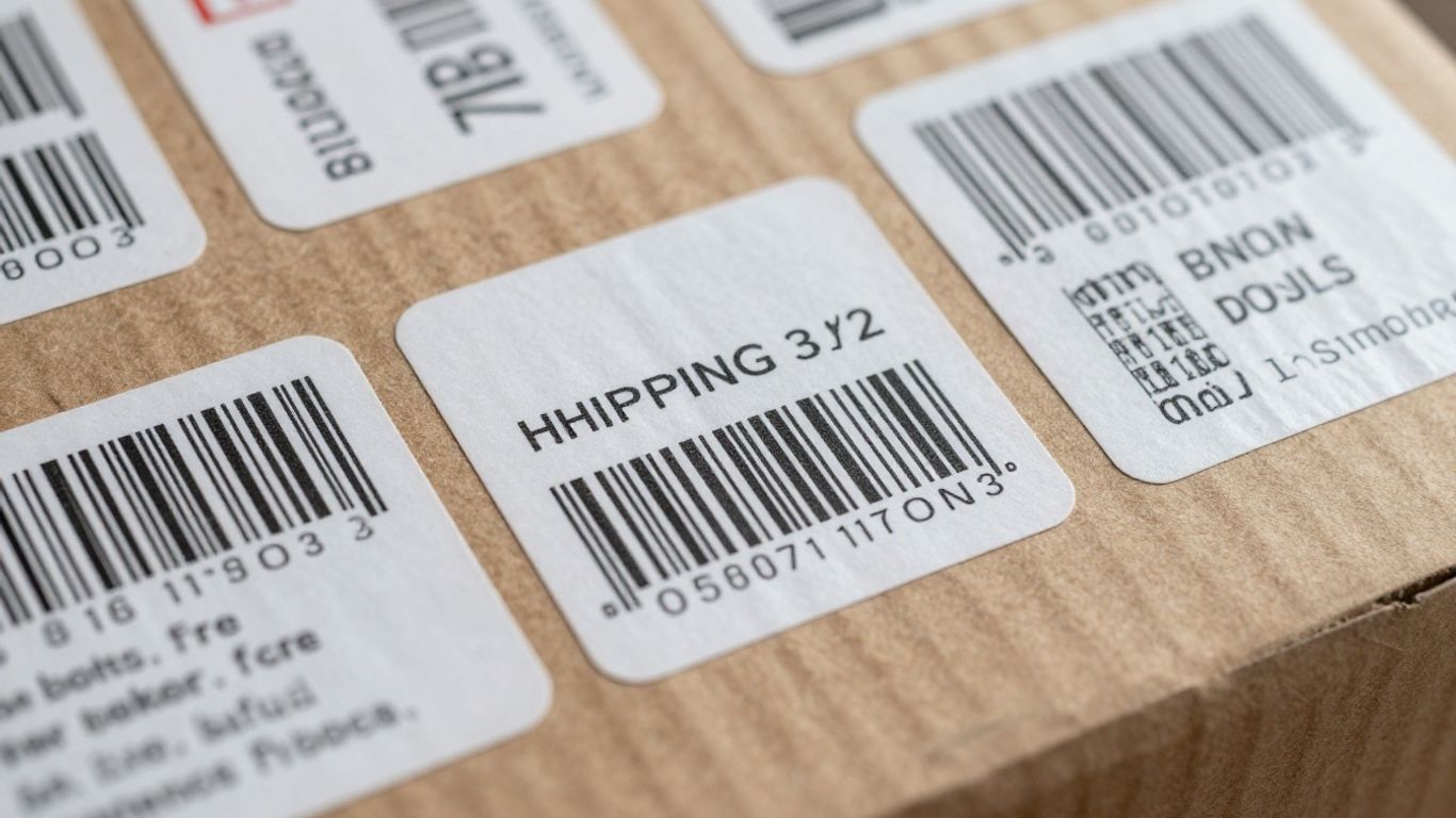 Shipping labels with dimensions and barcodes on boxes.