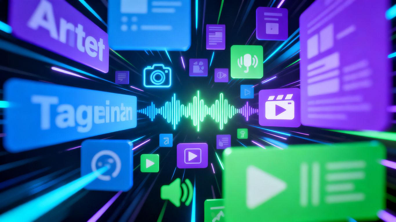 Multimodal SEO concept with text, voice, image, and video elements.