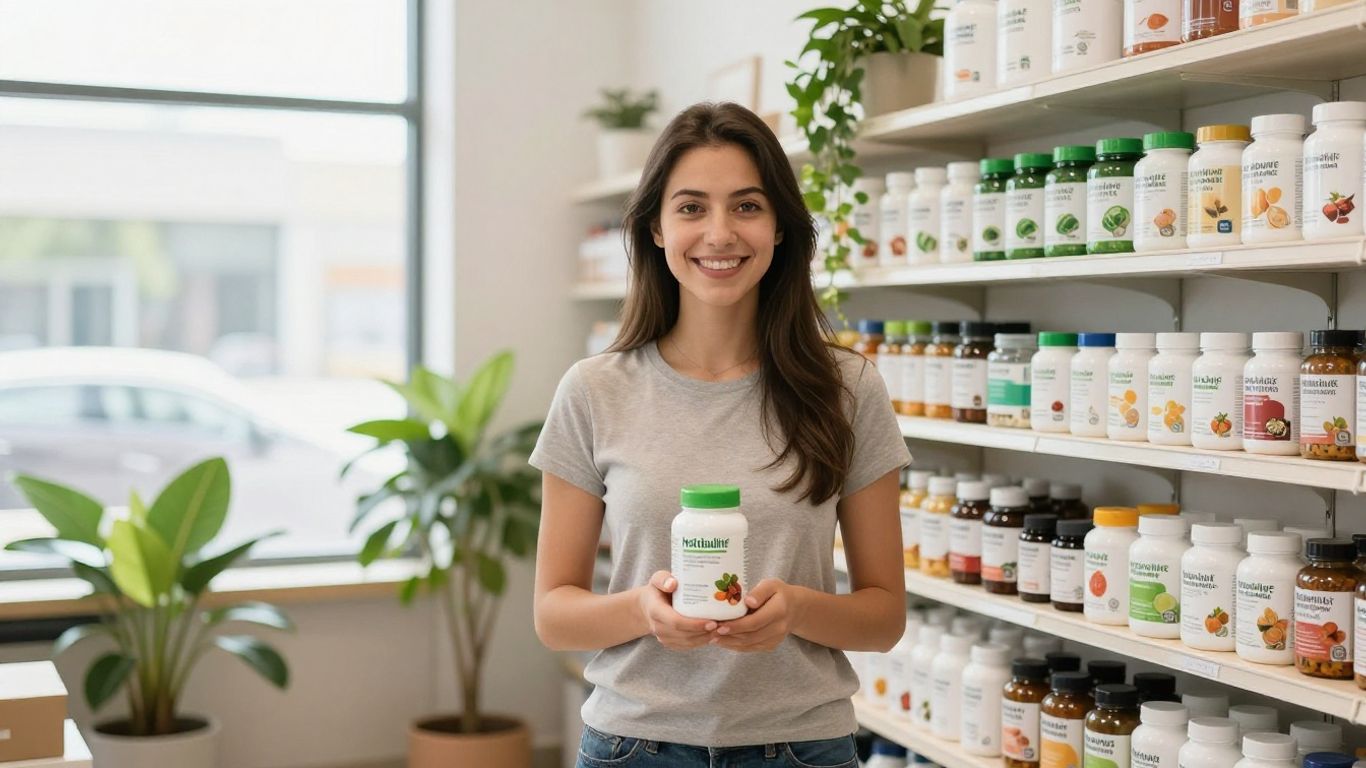Herbalife distributor in a wellness store with supplements