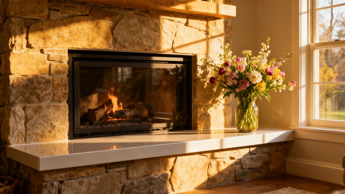 Modern fireplace with stone surround and spring flowers.