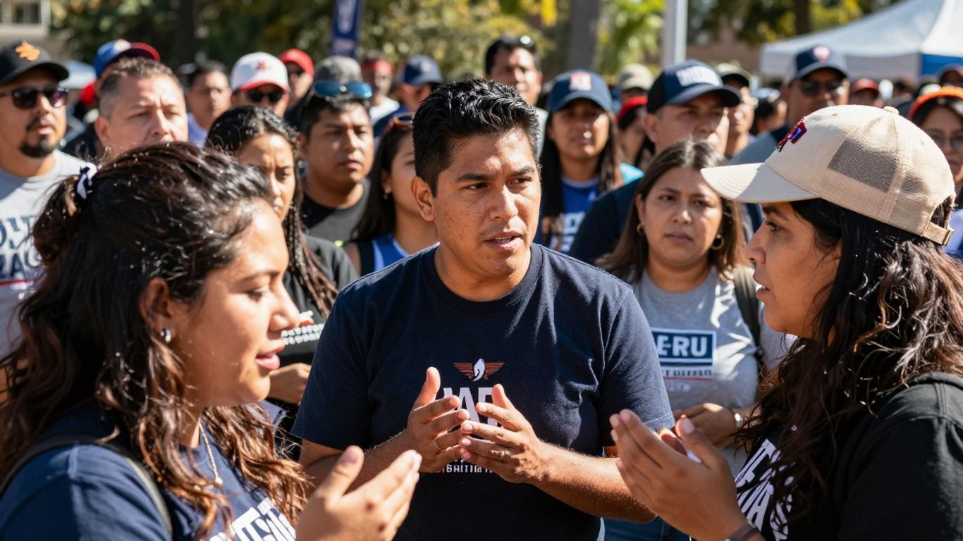 Comunidad latina participando activamente en un debate político.