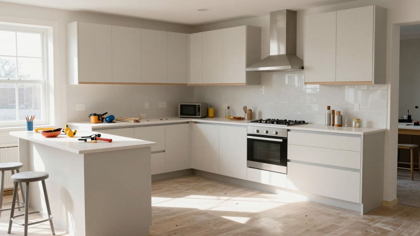 Modern kitchen renovation with new cabinets and countertops.