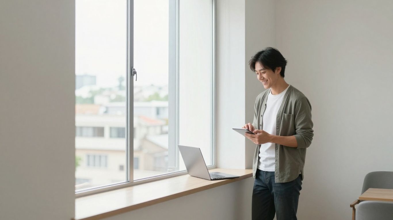 Smiling person working remotely on laptop