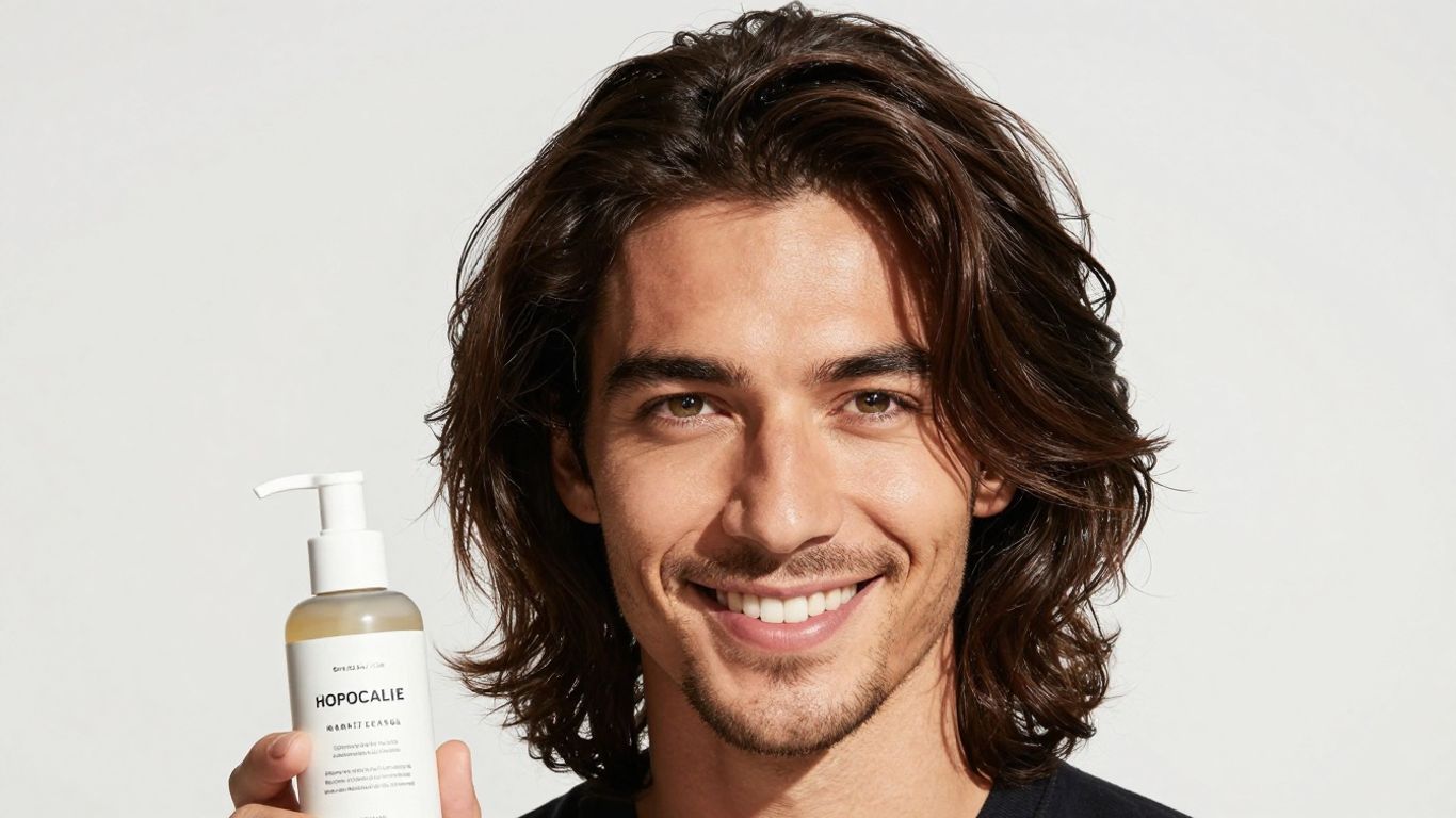 Man with thicker hair, Happy Head product packaging.