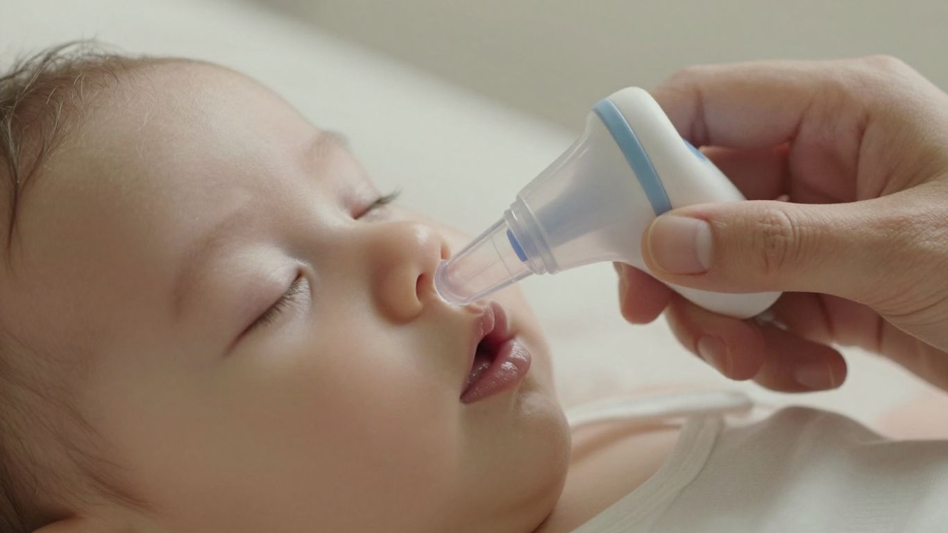Padre usando aspirador nasal en bebé dormido.