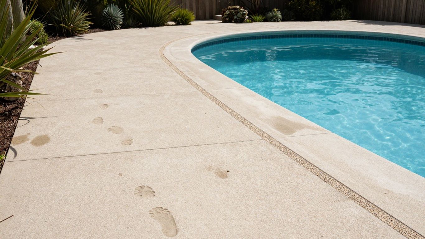Textured concrete pool deck with wet traction