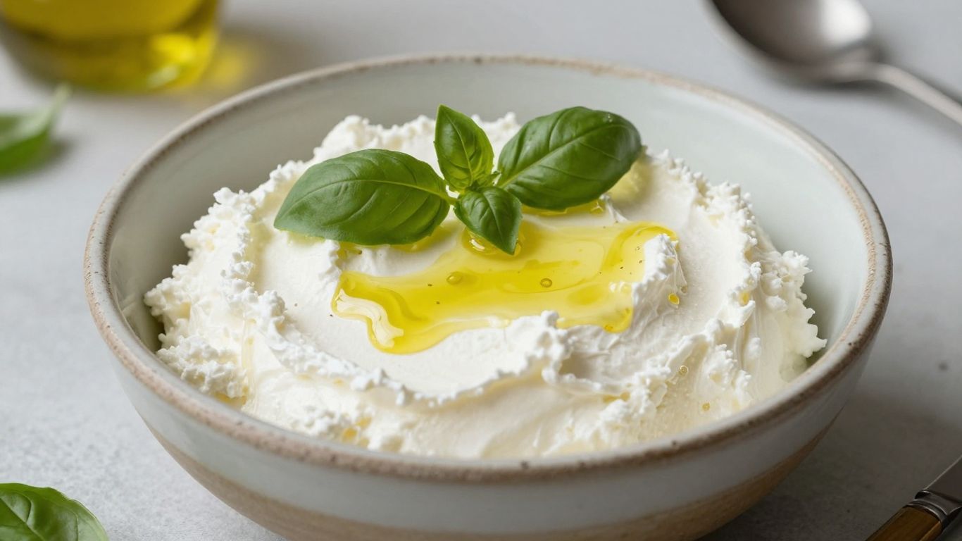 Creamy lactose-free ricotta cheese in a bowl with basil.