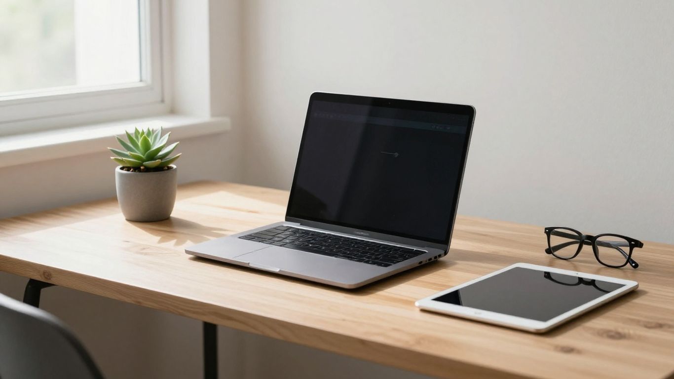 A clean desk with computer and digital equipment