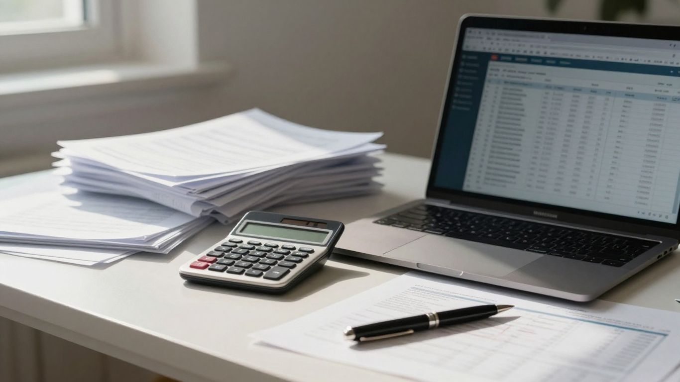 Financial documents and calculator on a desk.