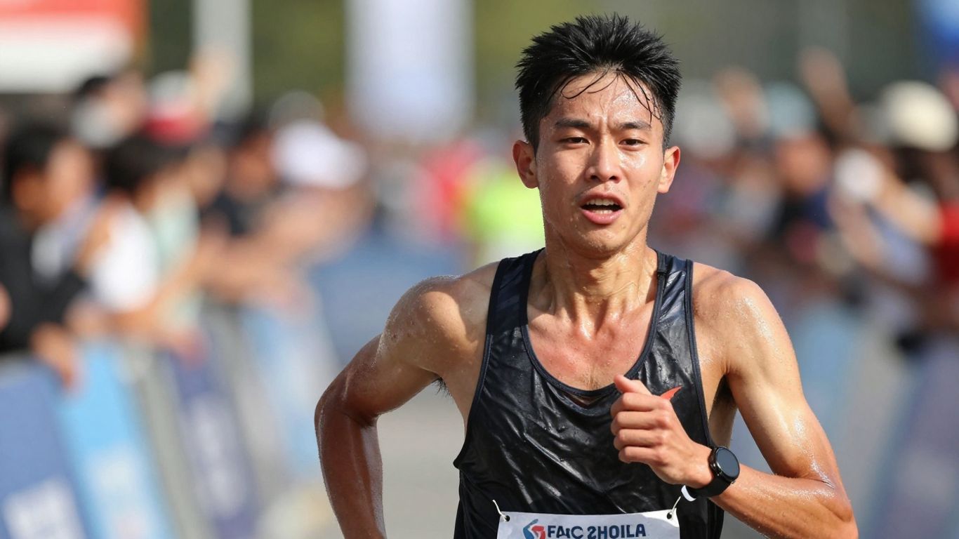 Runner crossing finish line, drinking water.