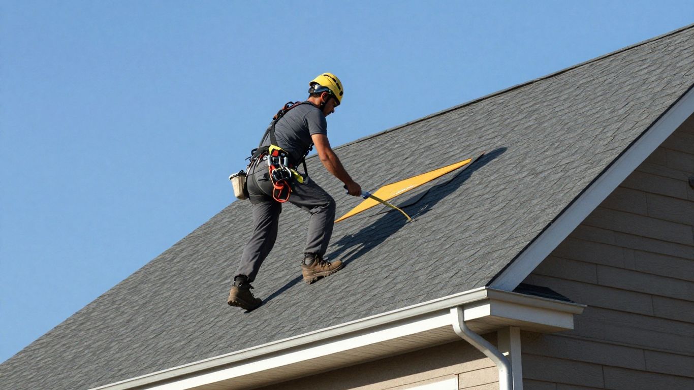 Roofer in safety gear on a sloped house roof.