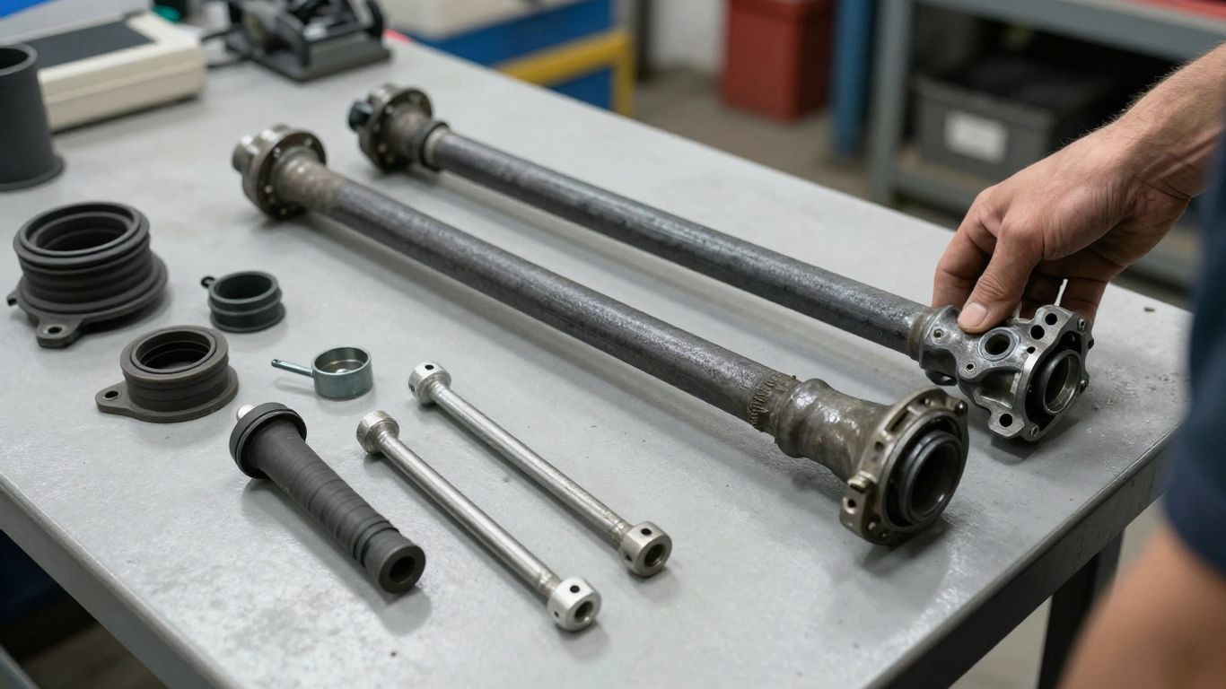 Inspected steering rack on workshop bench
