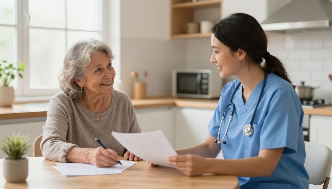 A compassionate home care nurse sits with an older woman at her kitchen table, both smiling as they look over some papers together in a sunlit room.