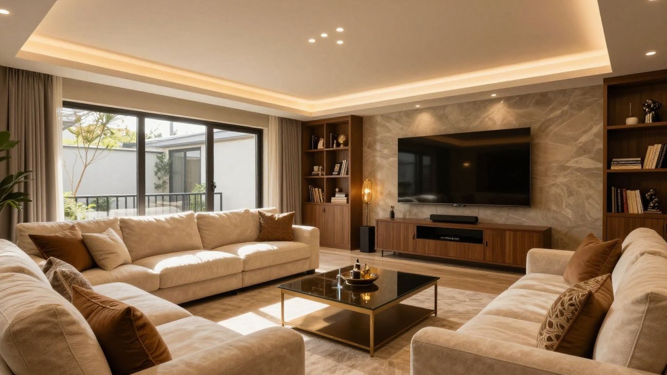 Finished basement with seating and entertainment area.