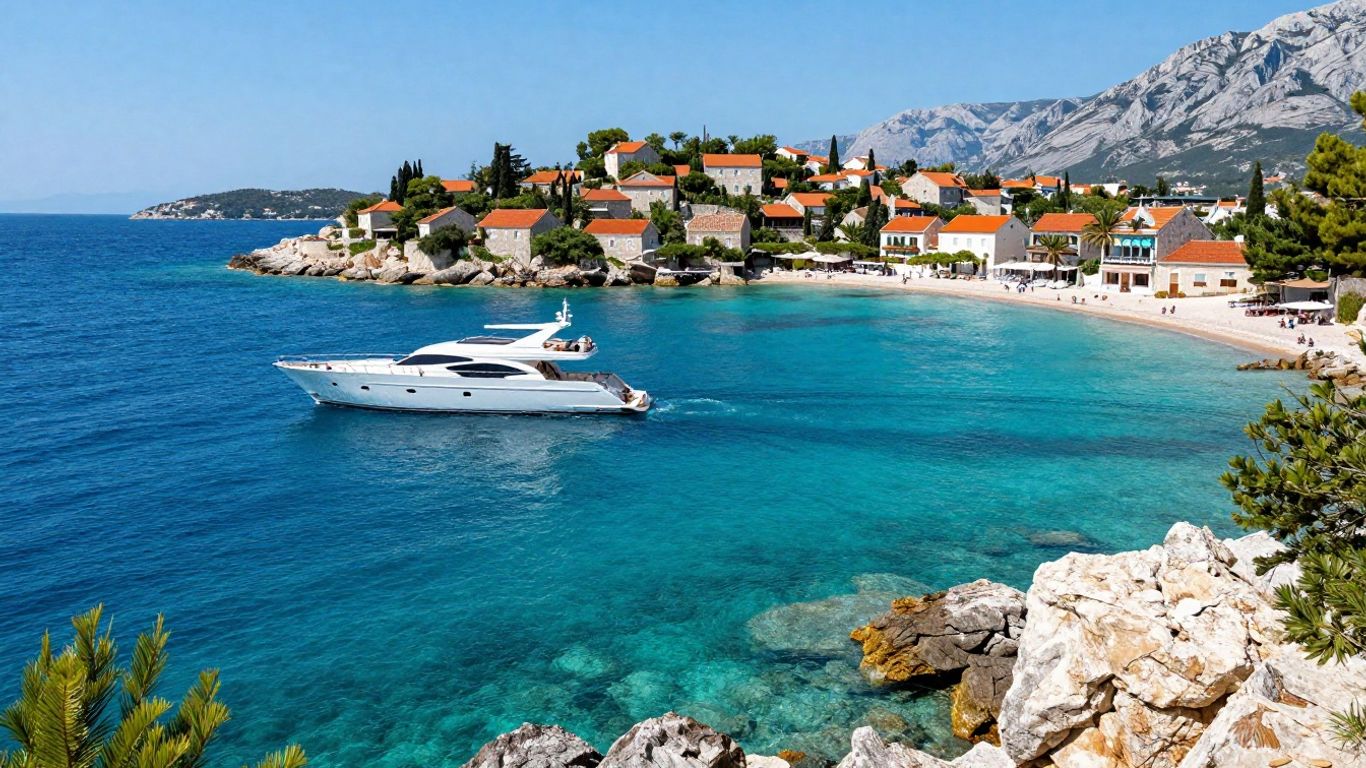 Luxury yacht sailing near Croatian coast and village.