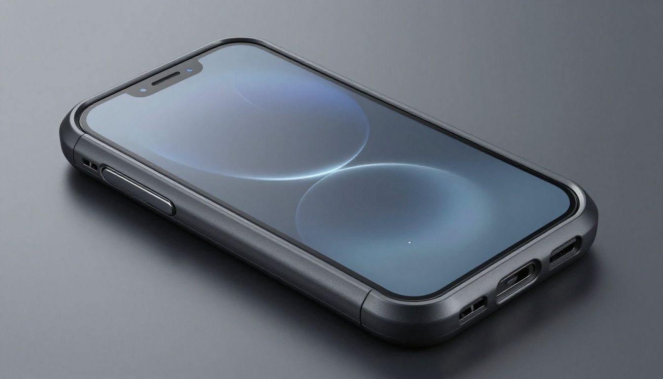 A generic smartphone inside a durable, dark-coloured protective case.