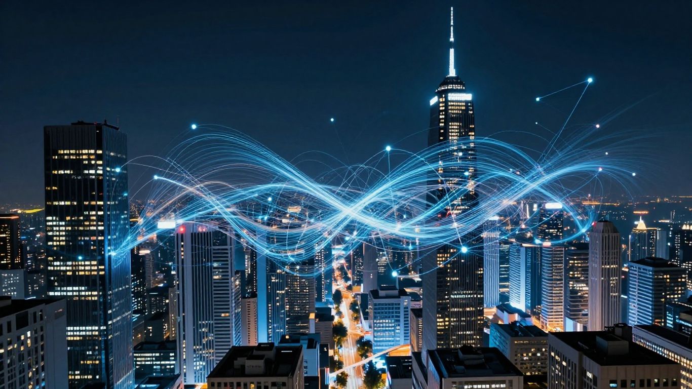 Futuristic cityscape with glowing digital streams and interconnected nodes.