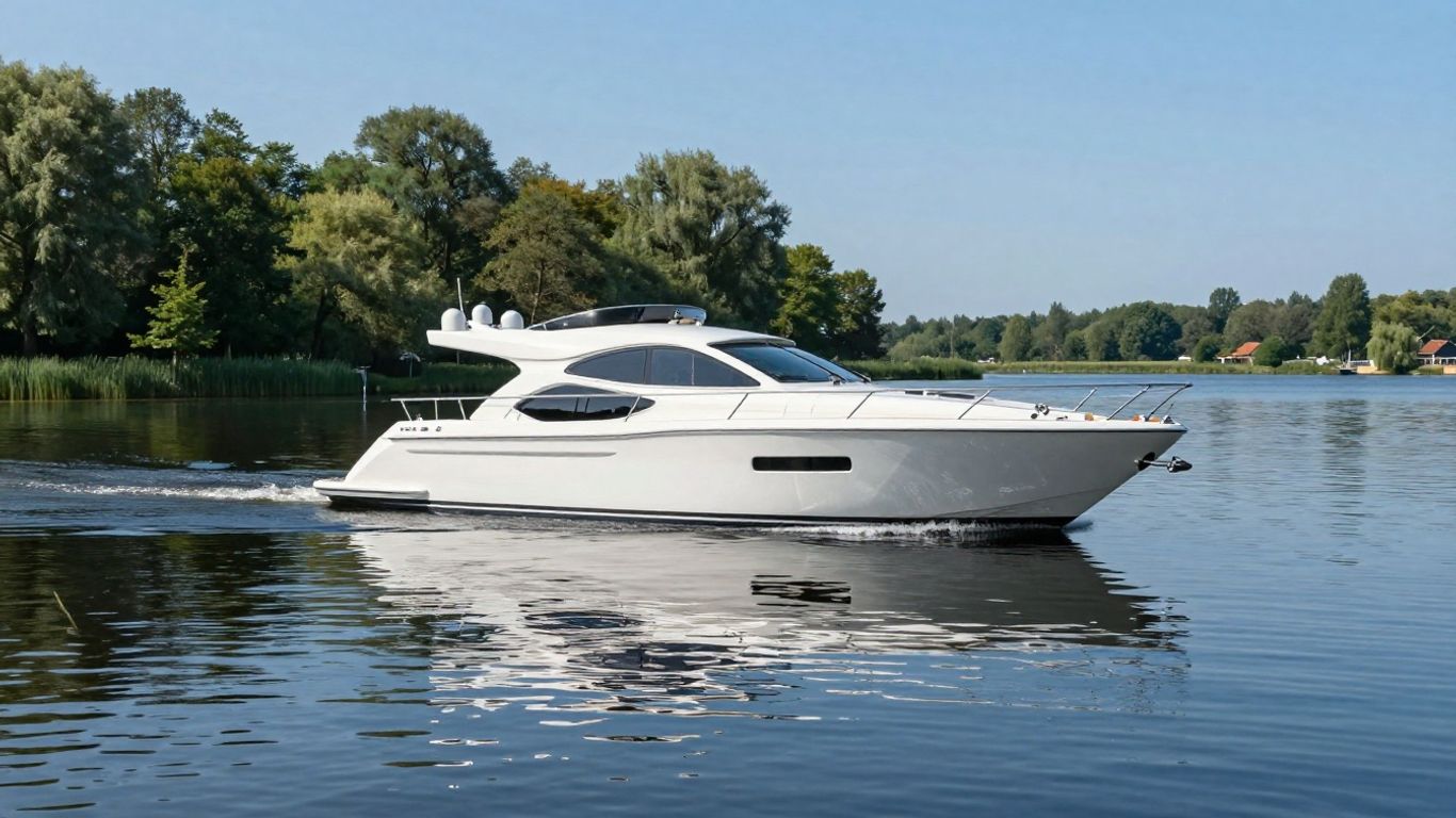 Jacht op Fries water met groene oevers en blauwe lucht.