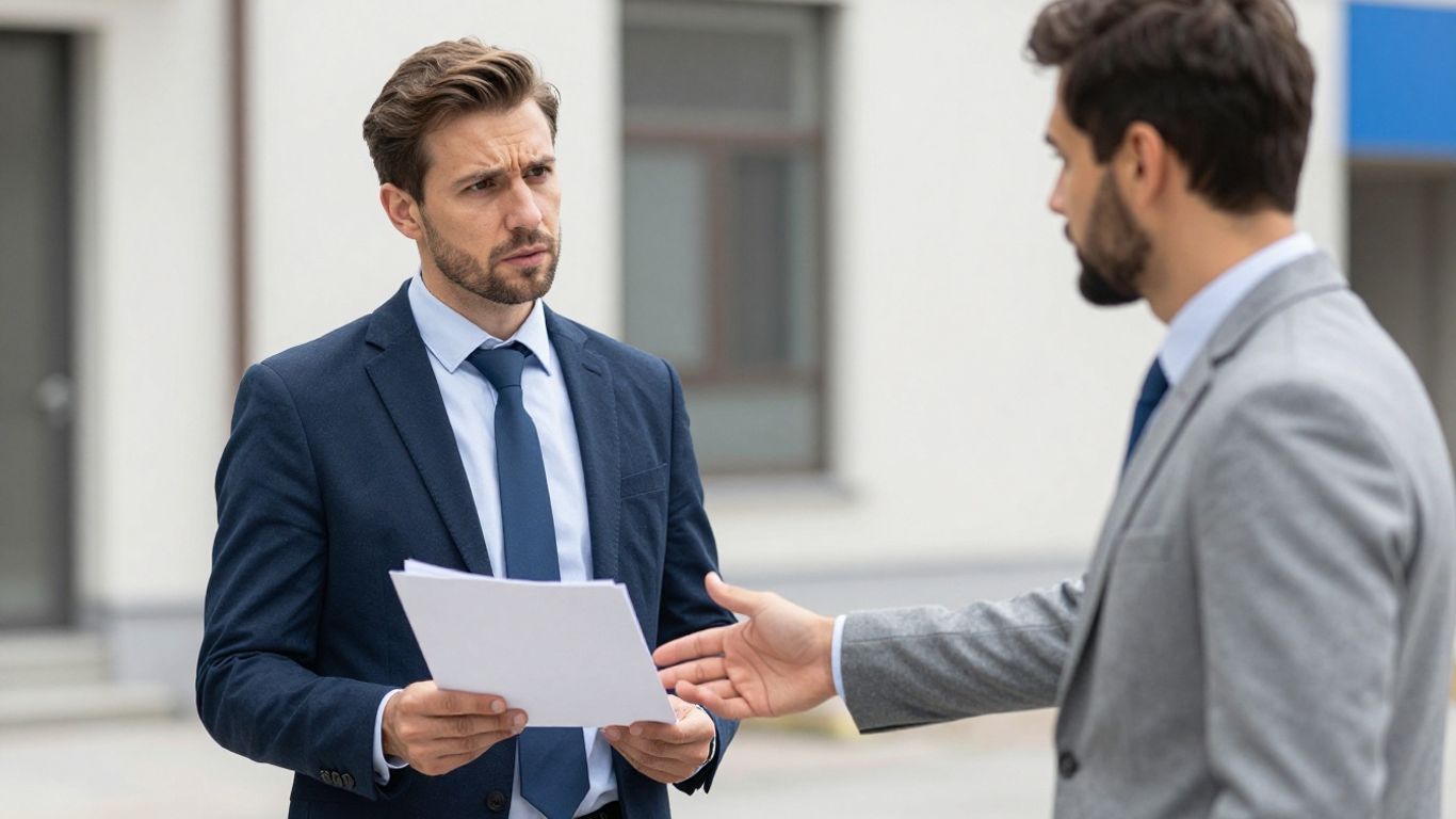 Auftraggeber und Auftragnehmer besprechen ein Dokument auf einer Baustelle.