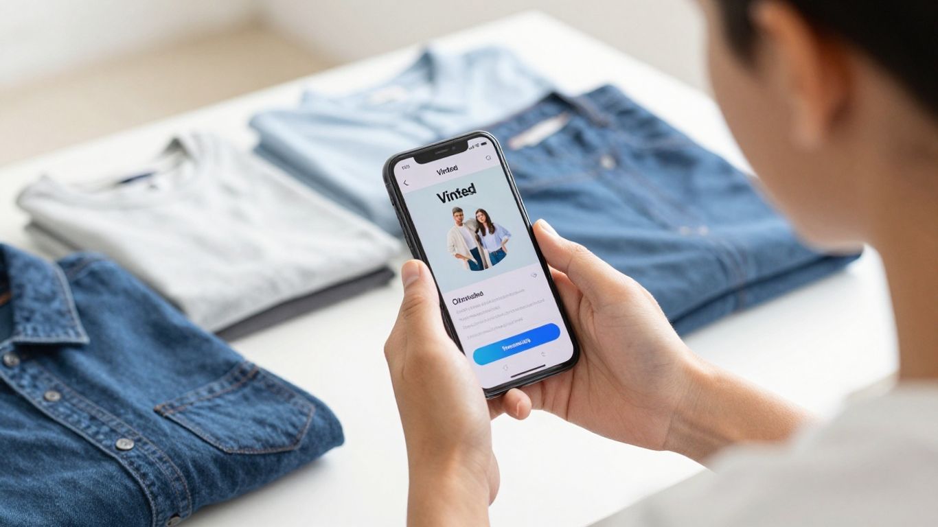 Young person using Vinted app with clothes.