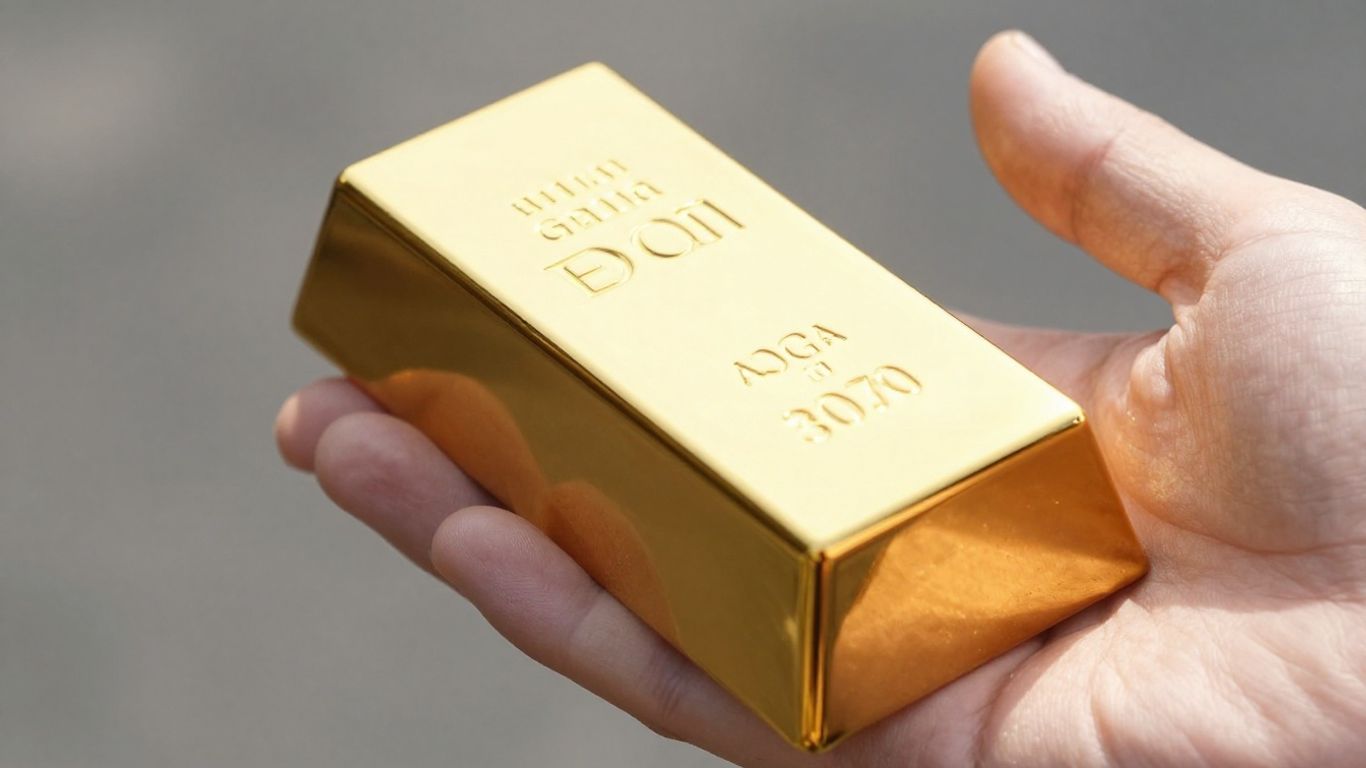 Main d'or tenant une barre d'or brillante.