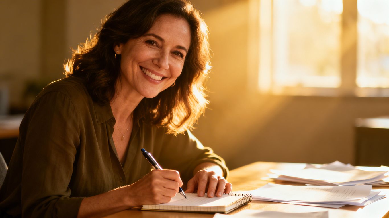 Angela Nancy teaching basic writing skills with pen and paper.