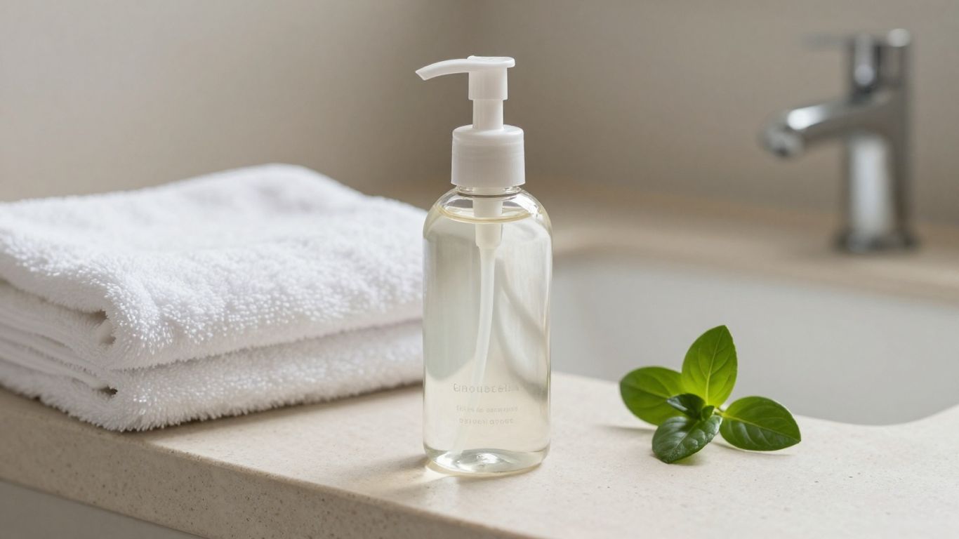 A clear bottle beside a folded towel