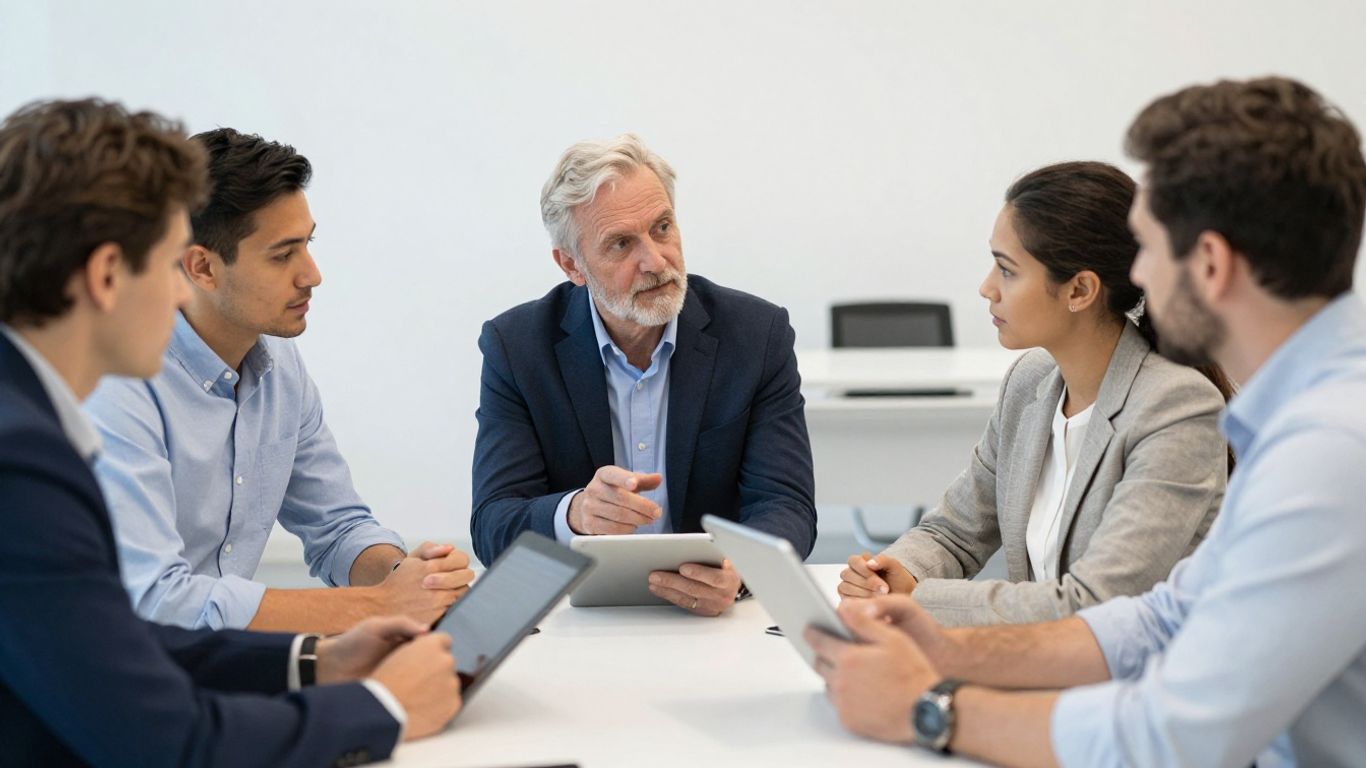 Logistik-Fachkräfte im Gespräch in einem modernen Büro.